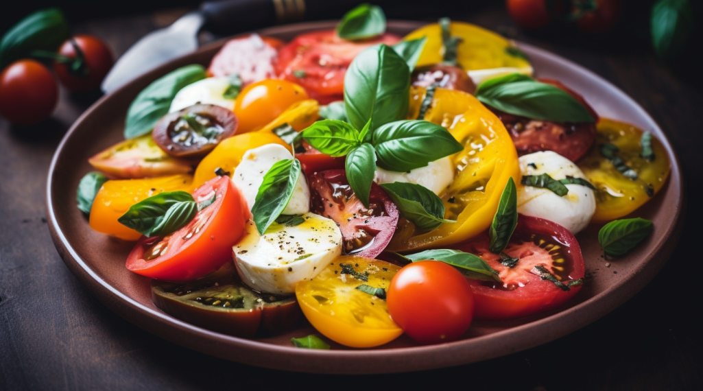 Salada Caprese com Tomates Heirloom e Manjericão 1 Salada Caprese com Tomates Heirloom e Manjericão