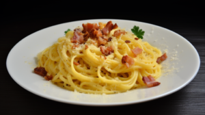 Carbonara com Bacon Crocante e Ovos. Legitima Cozinha Italiana