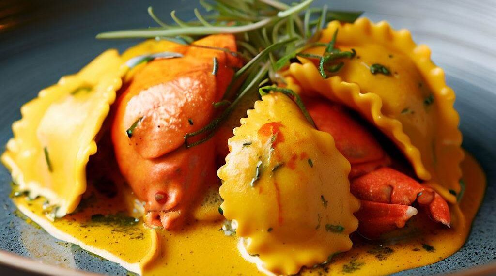 Ravióli de Lagosta com Molho de Açafrão e Ervas Finas 1 Ravióli de Lagosta com Molho de Açafrão e Ervas Finas