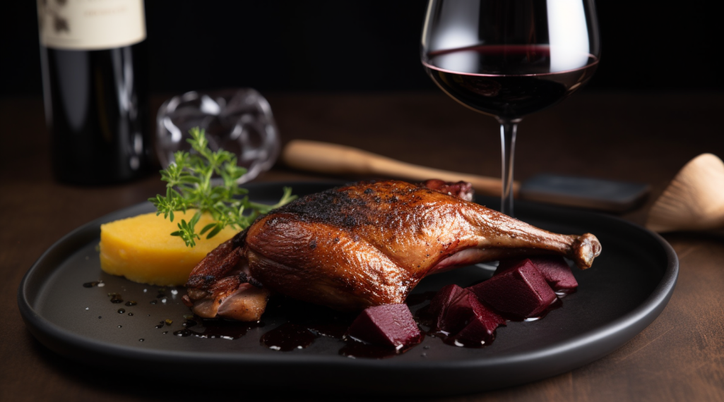 Peito de Pato com Molho de Vinho Tinto e Purê de Batata Trufado 1 Peito de Pato com Molho de Vinho Tinto e Purê de Batata Trufado