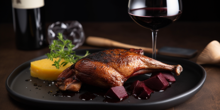 Peito de Pato com Molho de Vinho Tinto e Purê de Batata Trufado 2 Peito de Pato com Molho de Vinho Tinto e Purê de Batata Trufado