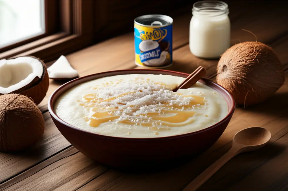 Grande tigela de canjica cremosa com coco ralado e leite condensado sobre mesa rústica.