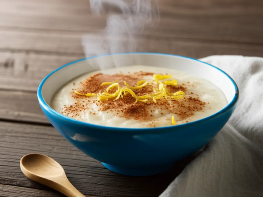 Tigela com arroz doce cremoso polvilhado com canela e raspas de limão sobre mesa rústica.