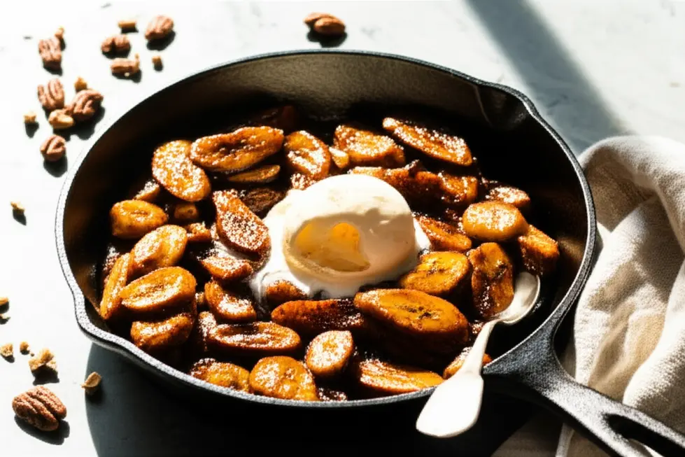 Mesa de cozinha com frigideira contendo banana caramelizada e sorvete