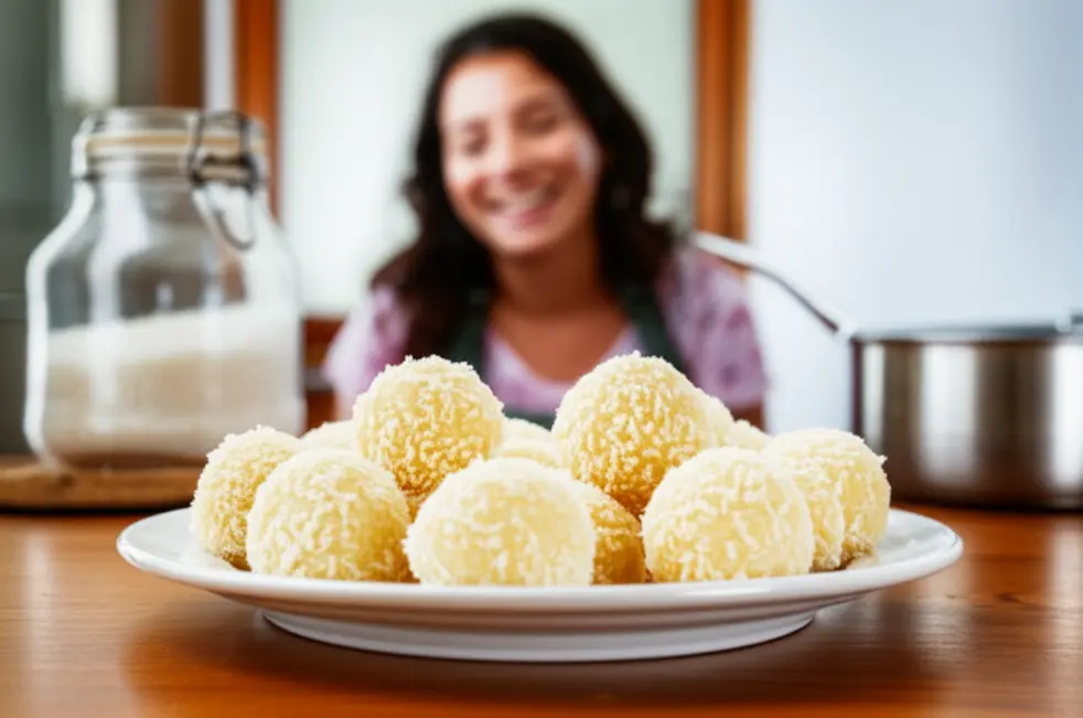 Prato com beijinhos de coco em destaque sobre mesa de madeira com cozinha ao fundo