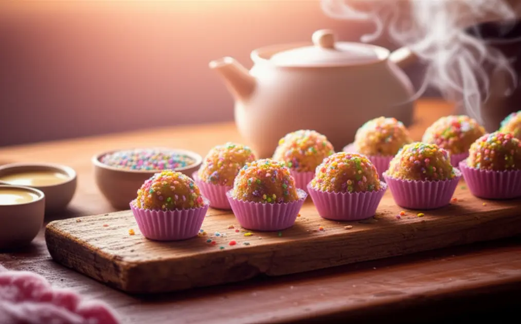Mesa rústica com diversos docinhos bicho de pé, potes de confeitos e leite condensado, iluminada por luz suave.