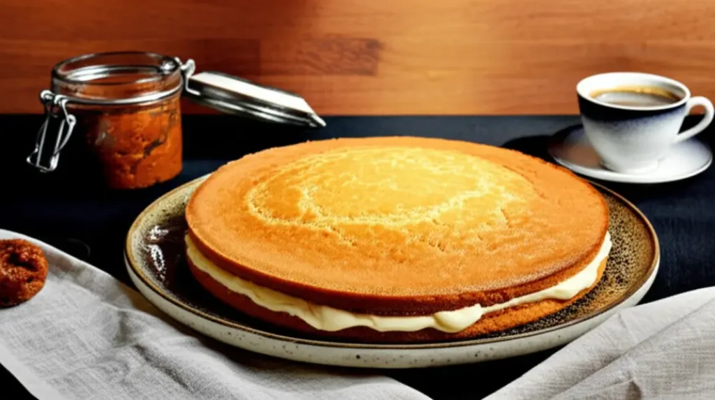 Bolo de fubá dourado com goiabada cremosa no centro sobre um prato rústico com café ao lado