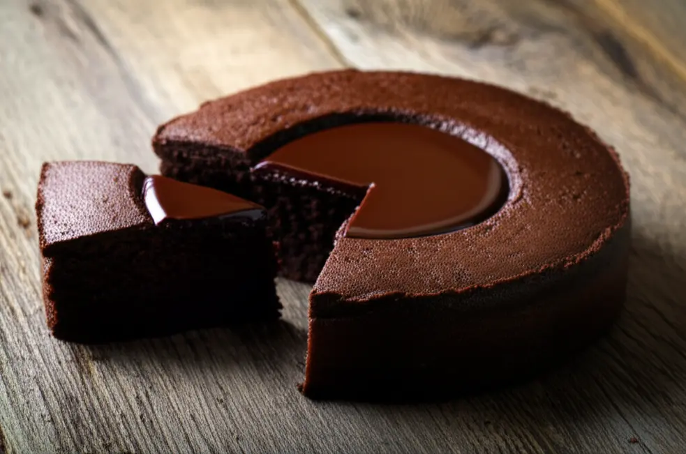 Bolo de chocolate com piscina central de ganache brilhante, fatia exibindo textura úmida.