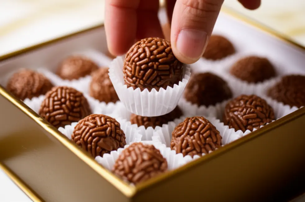 Mão colocando brigadeiro brilhante em forminha dentro de caixa de presente.