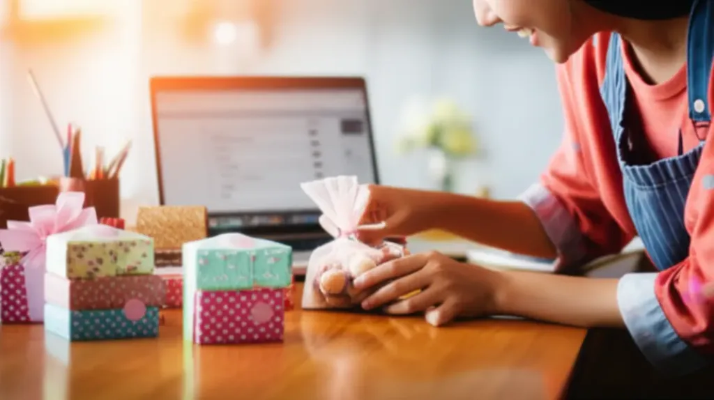 Mulher organizando embalagens de doces sobre mesa de madeira em cozinha iluminada, com laptop ao fundo.