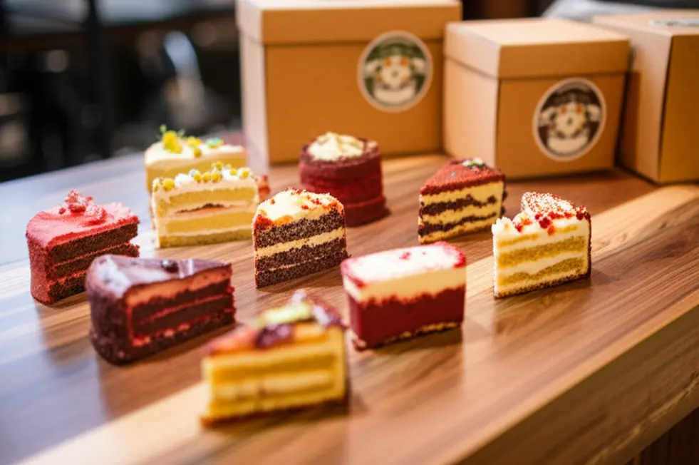 Espaço de padaria caseira com mini bolos variados em embalagens e etiquetas.