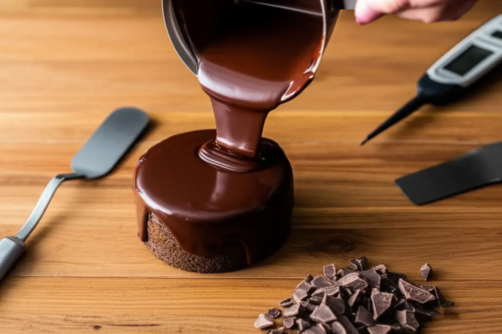 Mão despejando cobertura de chocolate brilhante sobre um bolo em bancada com utensílios de confeitaria.