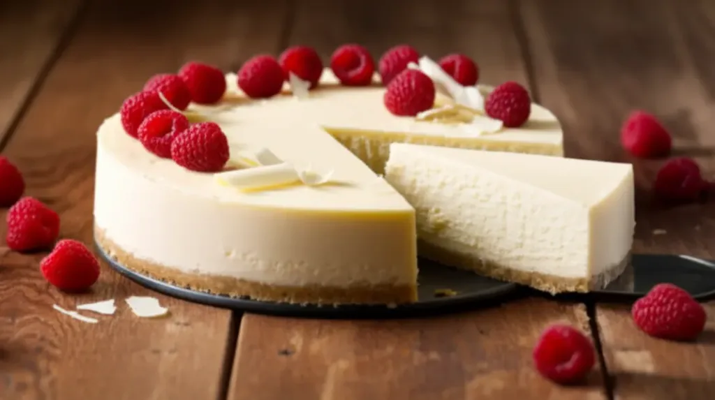 Cheesecake de chocolate branco inteiro com fatia cortada, decorado com framboesas e lascas de chocolate branco.
