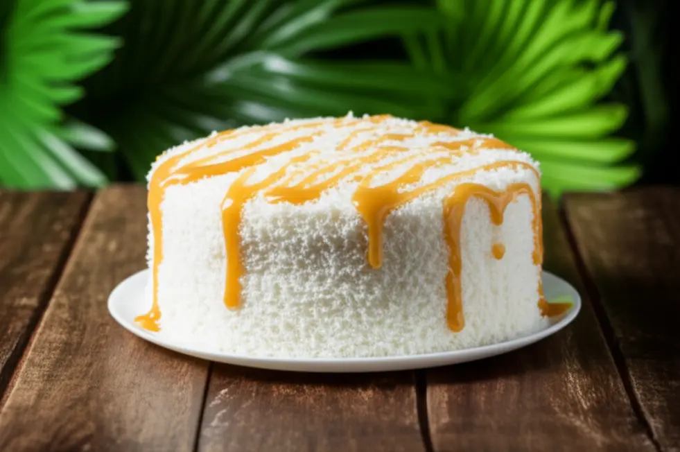 Bolo gelado de coco inteiro sobre mesa rústica com decoração de coco ralado