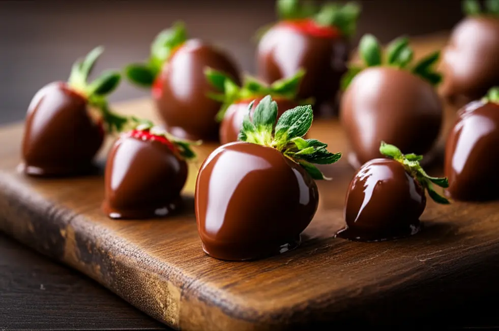 Vários morangos cobertos de chocolate brilhante sobre uma tábua rústica em ambiente de cozinha.