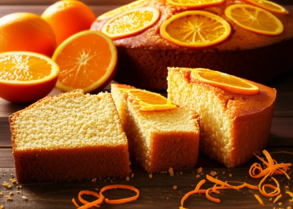 Bolo de laranja sobre mesa de madeira com fatias servidas e laranjas ao lado, imagem de capa