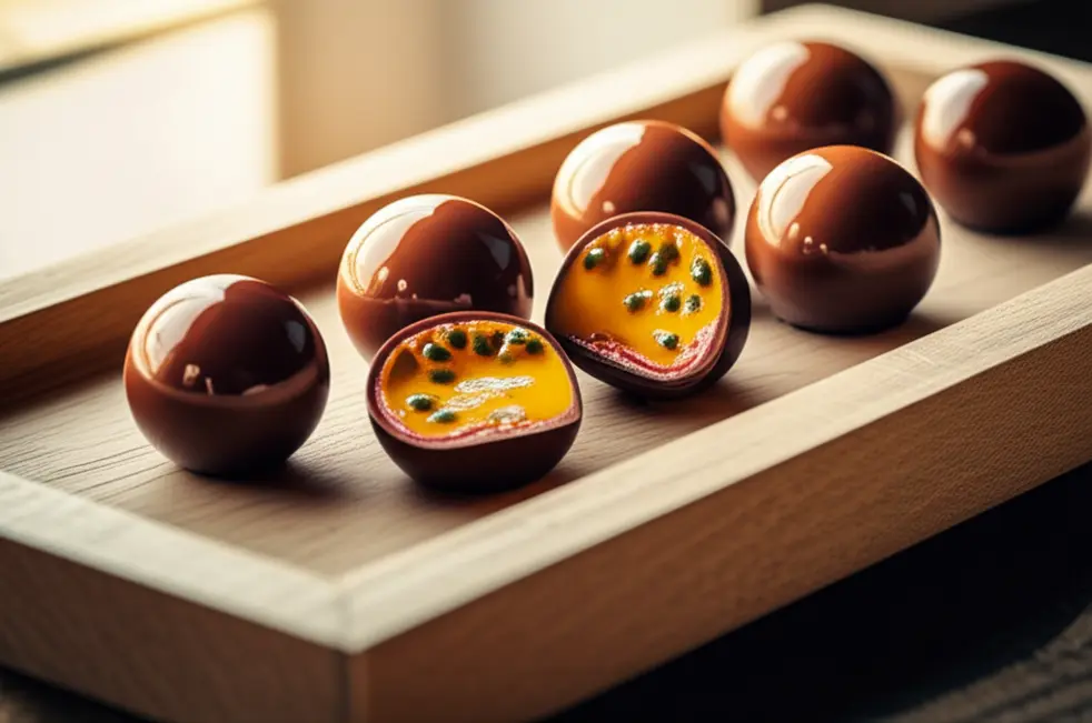 Bandeja com bombons de maracujá cortados para mostrar recheio amarelo brilhante.