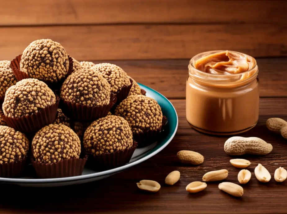 Prato com brigadeiros de amendoim sobre mesa rústica com amendoins espalhados e pote de pasta de amendoim