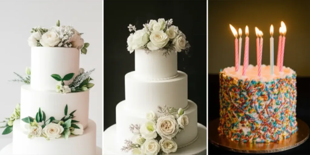 Colagem com bolo de casamento, bolo de aniversário colorido e bolo corporativo com cores discretas.