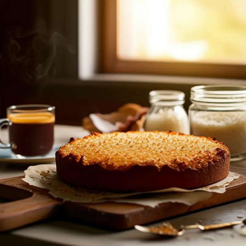 Cocada de forno dourada sobre tábua em cozinha ensolarada, com café e coco ralado ao fundo.