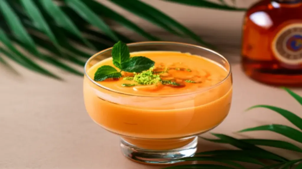 Taça elegante com creme de papaia e um toque de licor, decorada com hortelã e raspas de limão.