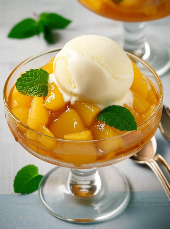 Taça com doce de abacaxi em calda e uma bola de sorvete, decorada com folhas de hortelã