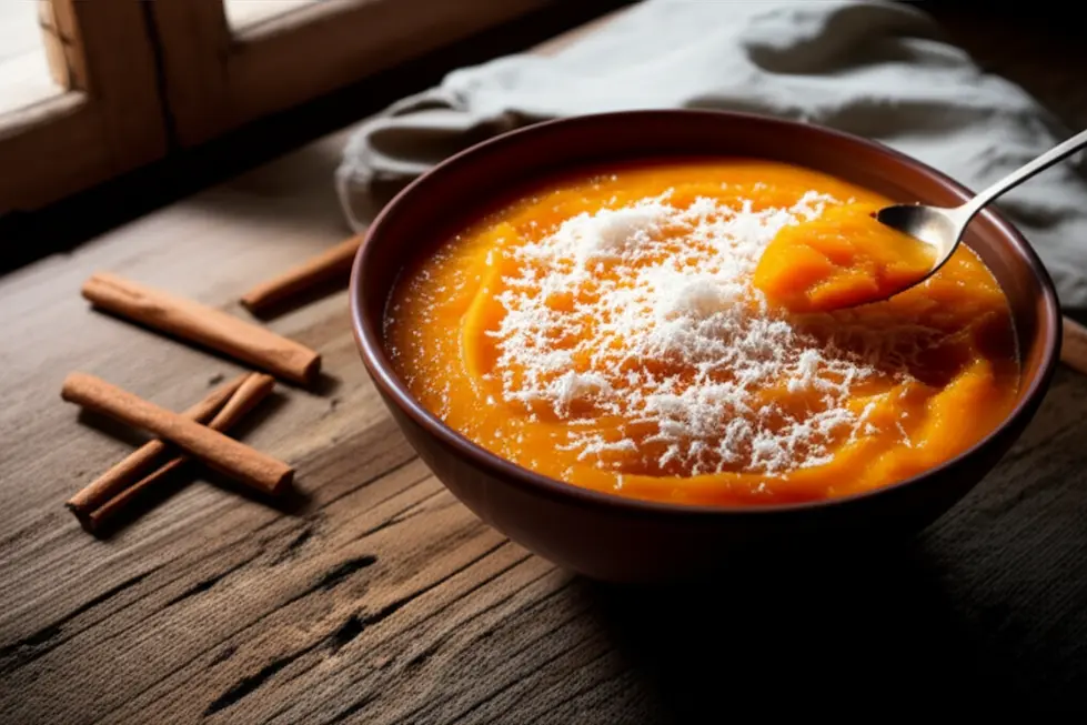 Tigela com doce de abóbora com coco em mesa rústica iluminada pela janela, coco ralado por cima.