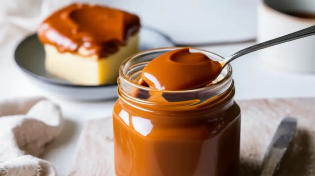 Pote aberto de doce de leite cremoso com colher, fatia de bolo ao fundo em bancada de cozinha.