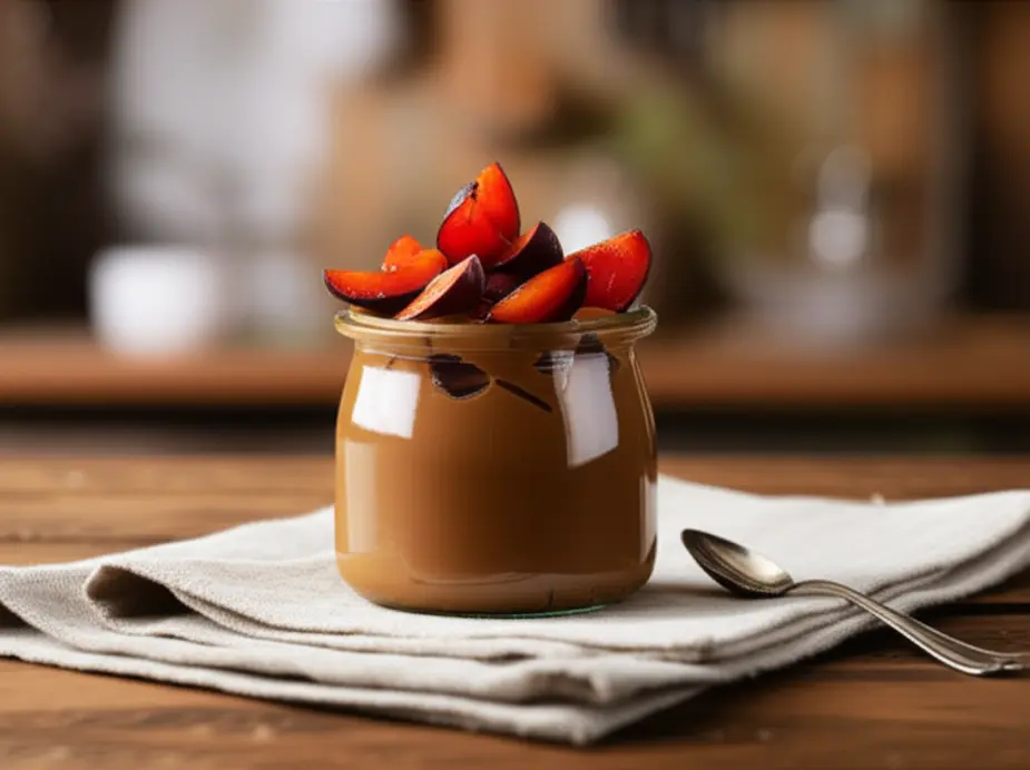 Pote de doce de leite com pedaços de ameixa sobre uma mesa rústica, com colher ao lado.