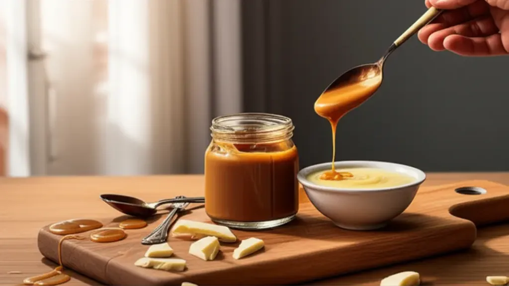 Pote de doce de leite ao lado de um bowl com chocolate branco derretido sobre uma tábua rústica