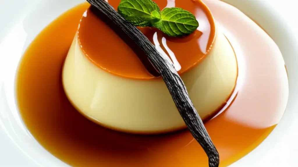 Flan de baunilha com caramelo brilhante em prato branco, decorado com fava de baunilha.