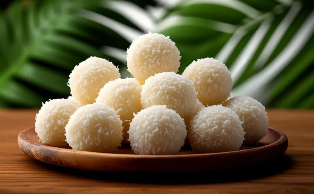 Prato com cocadas brancas sobre mesa rústica em ambiente acolhedor