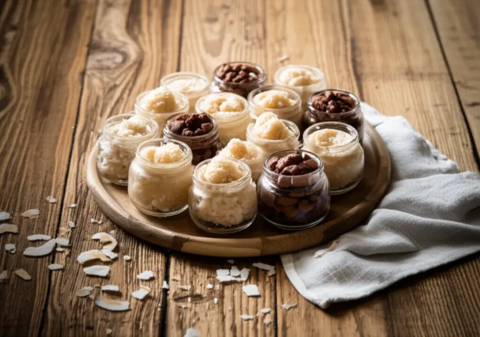 Prato com cocadas variadas sobre mesa rústica, mostrando cocada cremosa, sequinha e com chocolate.