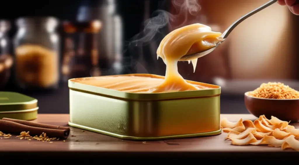 Imagem em 16:9 de uma forma com cocada cremosa e uma colher pegando porção, luz natural e coco tostado ao redor.