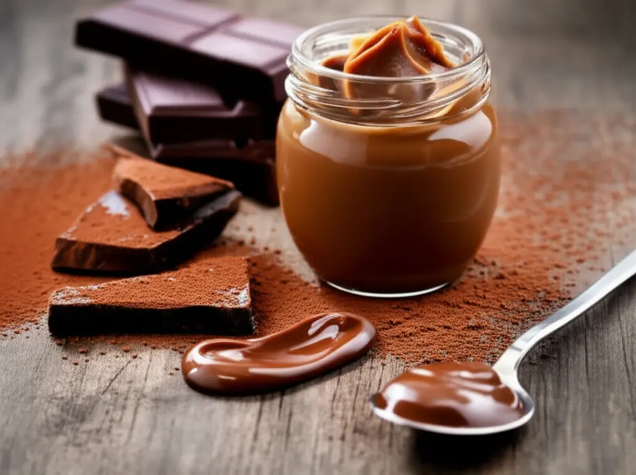 Pote de doce de leite cremoso ao lado de pedaços de chocolate escuro sobre mesa rústica, imagem de capa.