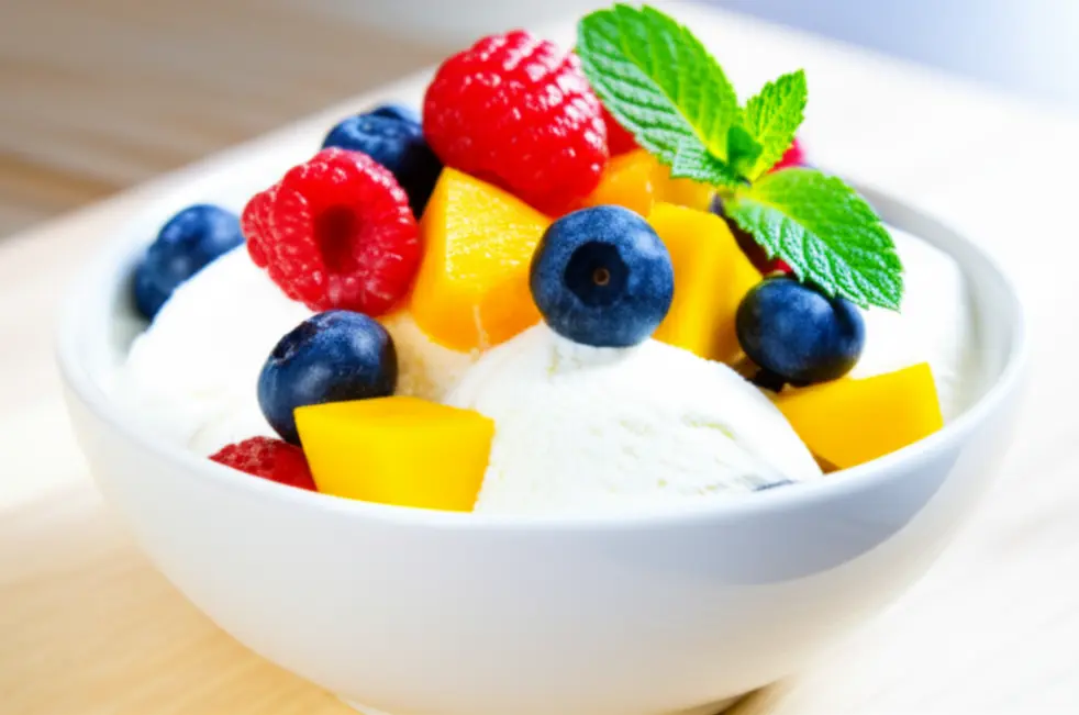 Taça de gelado de iogurte com frutas e hortelã sobre tábua de madeira à luz natural.