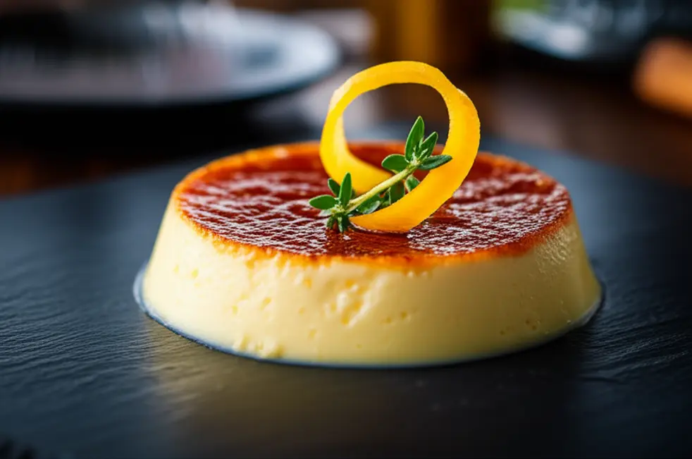 Creme brulee sobre prato escuro com casquinha dourada e enfeite de erva e casca de laranja.