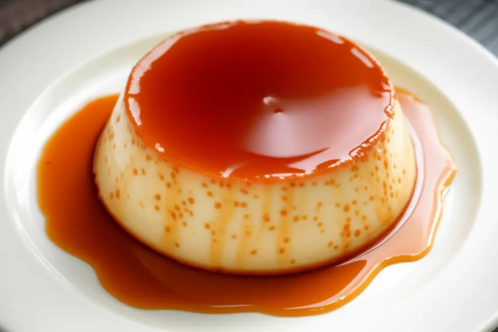Flan cremoso com caramelo em prato branco visto de perto.